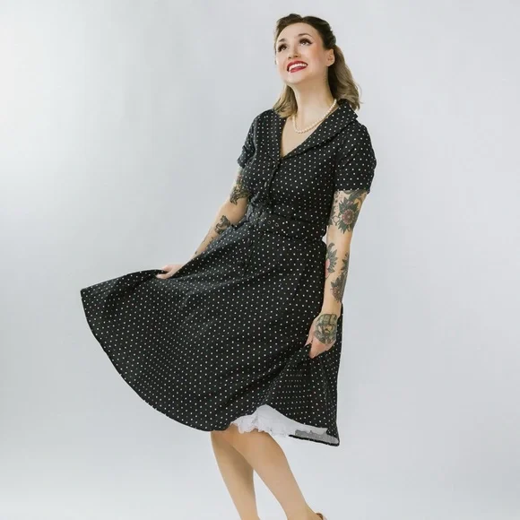 1950s Black and Multicolor Polka Dots Brette Swing Dress - Picture 8 of 8